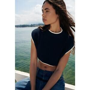 Zara Knit Open Back Navy Blue White Cropped Top Women's Size Small